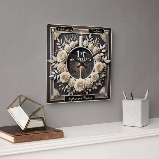 Horloge Carrée Premier 1er Anniversaire Élégant Avec Fleurs (Bureau)