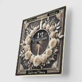 Horloge Carrée Premier 1er Anniversaire Élégant Avec Fleurs (Angle)