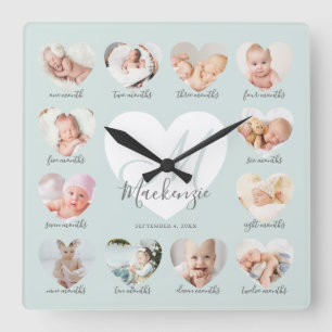 Horloge Carrée Première année de bébé Coeur photo Keepsaké Collag
