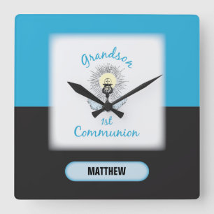 Horloge Carrée Première communion du petit-fils, Tasse Bleue