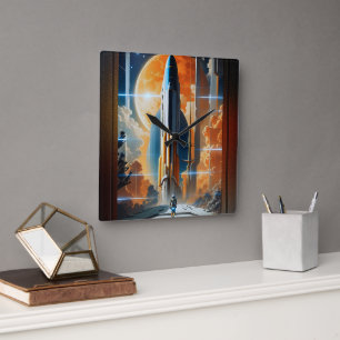 Horloge Carrée Prenez le décollage lunaire - Affiche rétro du voy