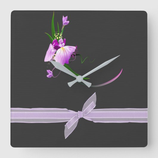 Horloge Carrée Pretty Elegant Purple Flower Black Background (Recto)