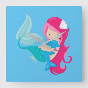 Horloge Carrée Pretty Mermaid et Dolphin