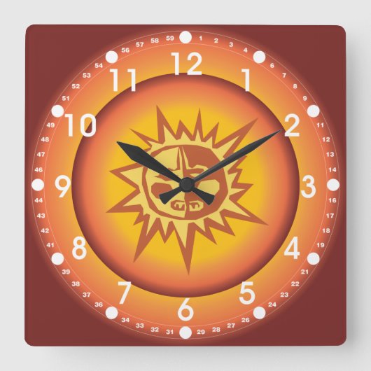 Horloge Carrée Primitive Tribal Sun Design Red Orange Glow (Recto)