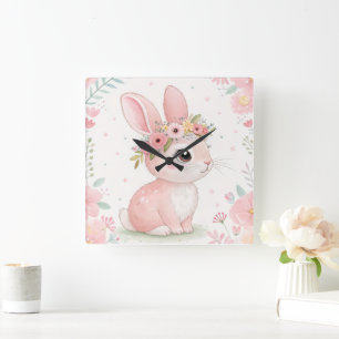 Horloge Carrée Princesse Lapin avec Couronne Florale – Rose Tendr