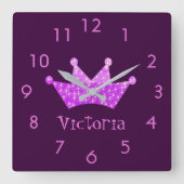 Horloge Carrée princesse violette tiara rose étoiles nom de fille (Recto)