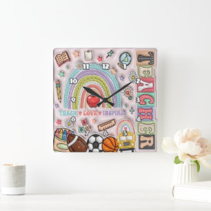 Horloge Carrée Professeur : Arc en ciel, Amour, Inspirer, Apprend