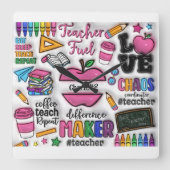 Horloge Carrée Professeur : Carburant, Amour, Inspirer, Répéter (Recto)