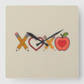 Horloge Carrée Professeur XOXO Crayon Saint Valentin et pomme (Recto)