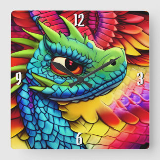 Horloge Carrée Profil de dragon de dessin coloré