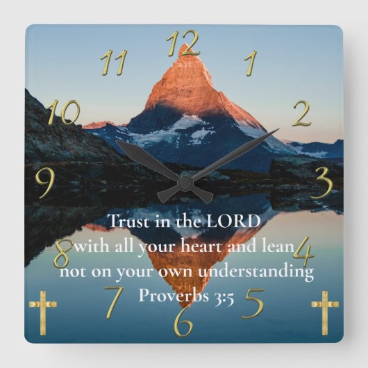 Horloge Carrée Proverbes 3:5 Foi chrétienne moutain lac (Recto)