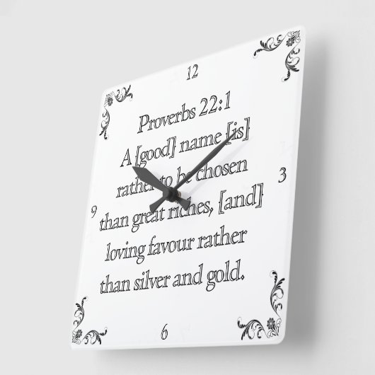 Horloge Carrée Proverbs 22:1 (Angle)