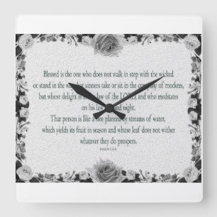 Horloge Carrée Psaume 1, pas de marche pas mal, Huile Noir&Blanc,