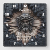 Horloge Carrée Psaume 23:1 Jésus sculpté Bois (Recto)