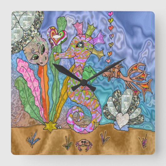 Horloge Carrée Psychedelic Seahorse Sea Turtle Art (Recto)