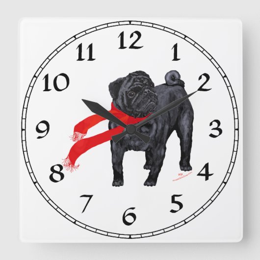 Horloge Carrée Pugs avec Écharpe Rouge (Recto)