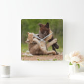 Horloge Carrée Pups de loup gris se déplaçant (Maison)