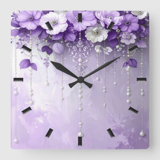 Horloge Carrée Purple Flowers with Dangling Pearls Wall Clock (Recto)
