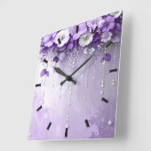 Horloge Carrée Purple Flowers with Dangling Pearls Wall Clock (Angle)