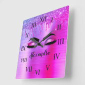 Horloge Carrée Purple Glitter Sparkle Eyelashes Monogram (Angle)