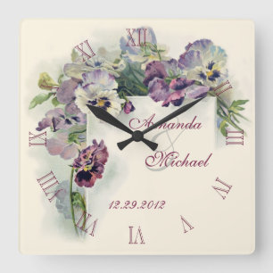 Horloge Carrée Purple pansies wedding anniversary