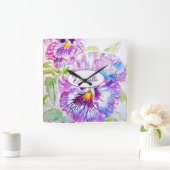 Horloge Carrée Purple Pansy Flower Pattern Watercolor Girls Clock (Maison)