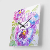 Horloge Carrée Purple Pansy Flower Pattern Watercolor Girls Clock (Angle)