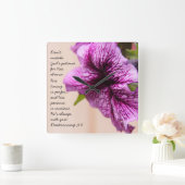 Horloge Carrée Purple Petunia, Scripture quota from Deuteronomy (Maison)