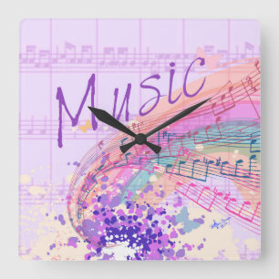 Horloge Carrée Purple sheet music Colorsplash Square Wall Clock