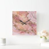 Horloge Carrée quartz rose et marbre rose pastel (Maison)