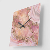 Horloge Carrée quartz rose et marbre rose pastel (Angle)