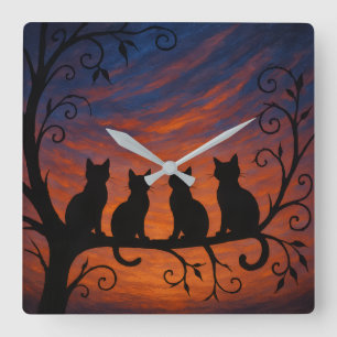 Horloge Carrée Quatre Chats Silhouette