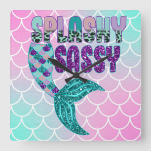 Horloge Carrée Queue de sirène rose violet vert Splashy Sassy Fém