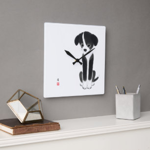 Horloge Carrée Quiet Paws - Puppy à l'encre minimaliste