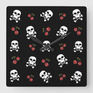 Horloge Carrée RAB Rockabilly Crânes et Cerises sur Fond Noir