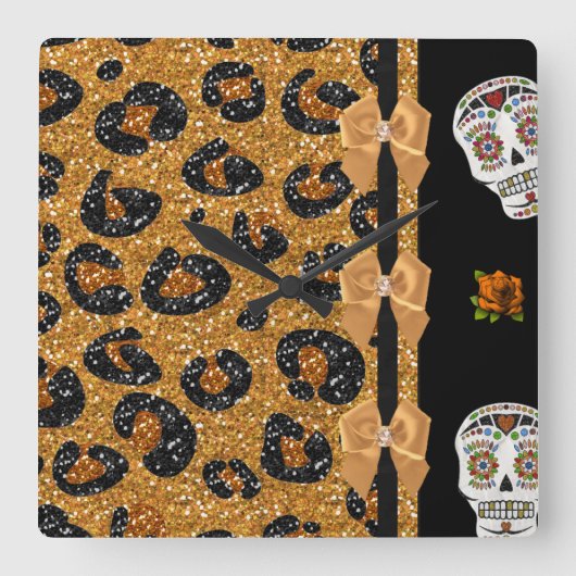 Horloge Carrée RAB Rockabilly Gold Leopard Print Sugar Skulls (Recto)