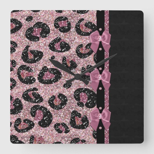 Horloge Carrée RAB Rockabilly Pink Leopard Ribbon Bows (Recto)