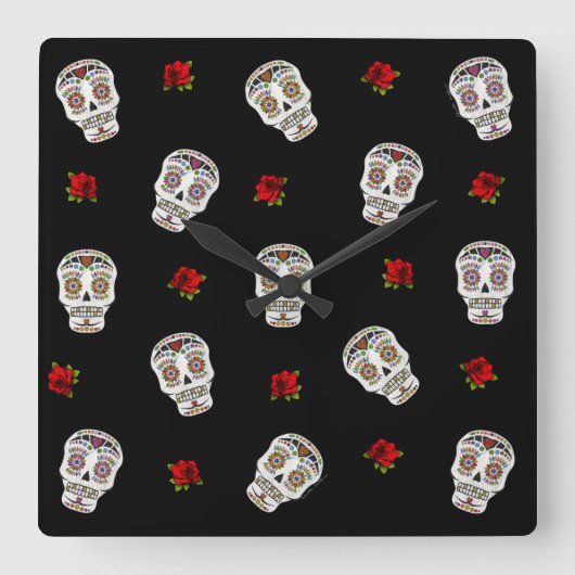Horloge Carrée RAB Rockabilly Sugar Skulls Roses On Black (Recto)