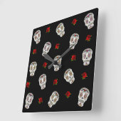 Horloge Carrée RAB Rockabilly Sugar Skulls Roses On Black (Angle)
