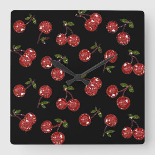Horloge Carrée RAB Rockabilly Très Cerises Cerises Sur Fond Noir