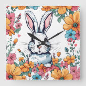 Horloge Carrée Rabbit surrounded by flowers (Recto)