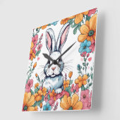 Horloge Carrée Rabbit surrounded by flowers (Angle)