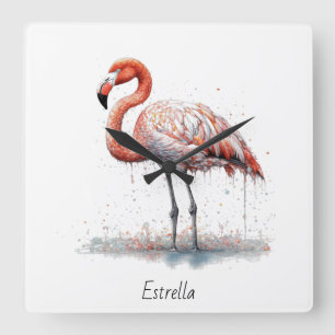 Horloge Carrée Radiance Flamant : Art à l'aquarelle, personnalisé