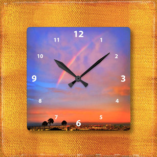 Horloge Carrée Rainbow orange coucher de soleil ciel paysage phot