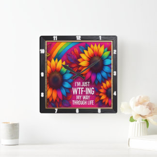 Horloge Carrée Rainbow Sunflower Wtf Life
