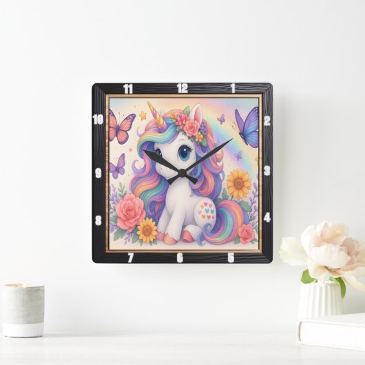 Horloge Carrée Rainbow Unicorn Floral Enfant (Maison)