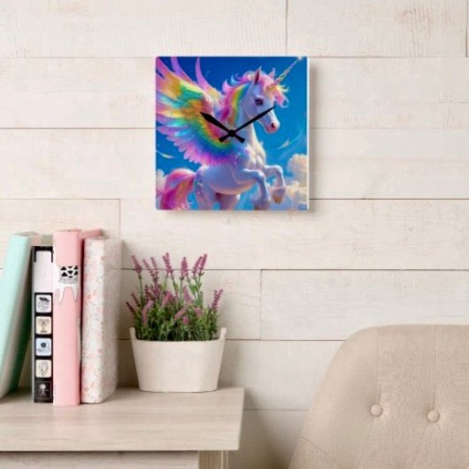 Horloge Carrée Rainbow Winged Prancing Unicorn