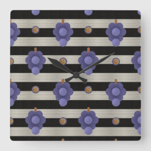 Horloge Carrée Raisins Modernes Bandes Noires et Blanches