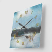 Horloge Carrée Ranch à cheval, granges et peinture à la neige (Angle)
