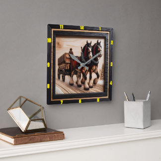 Horloge Carrée Randonnée d'hiver sur mesure Charred Wood Clydesda